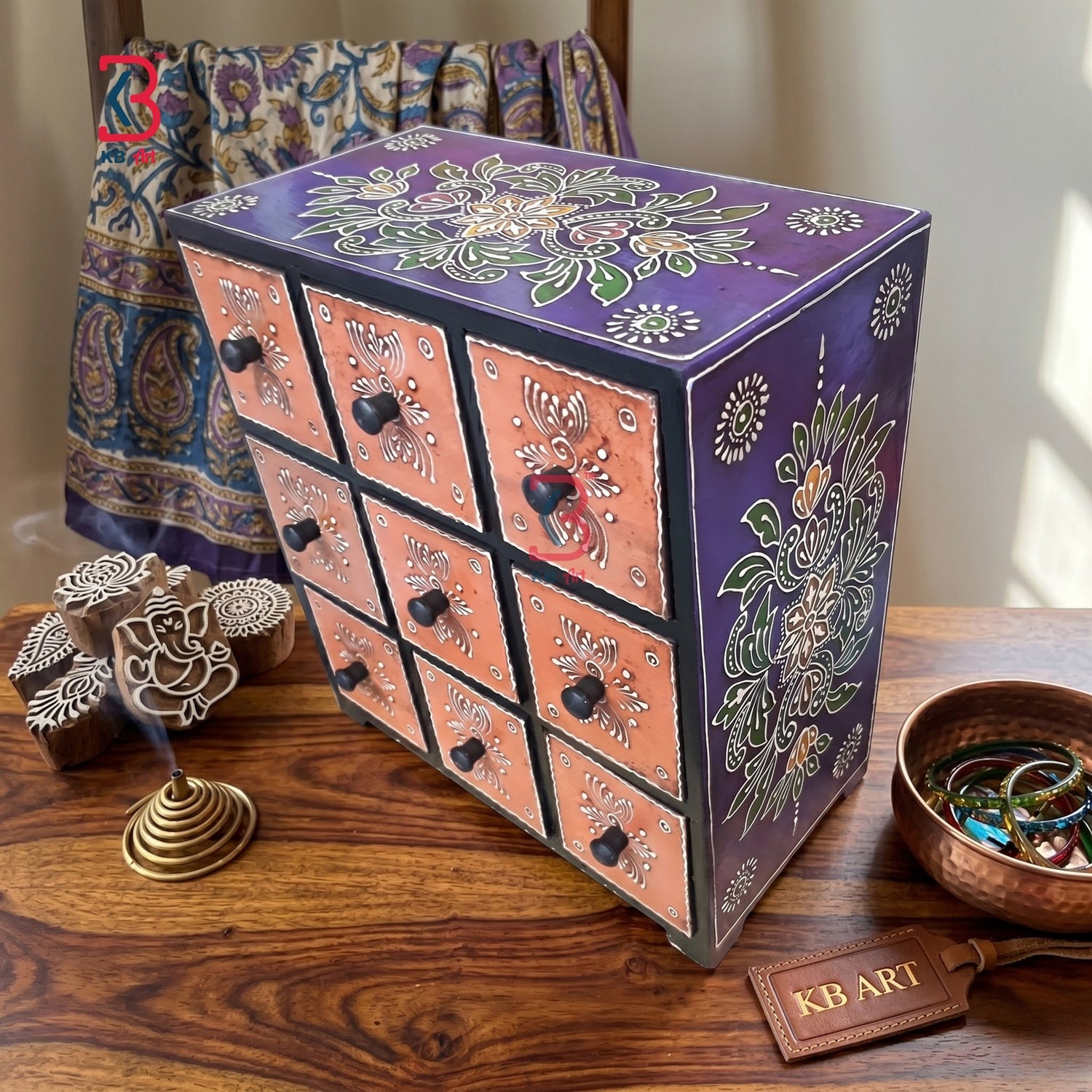 KB ART Wooden 9 Drawer Mdf Box Purple - Close-Up of Hand-Carved Artisan Texture - Handcrafted Wooden Decor Jodhpur