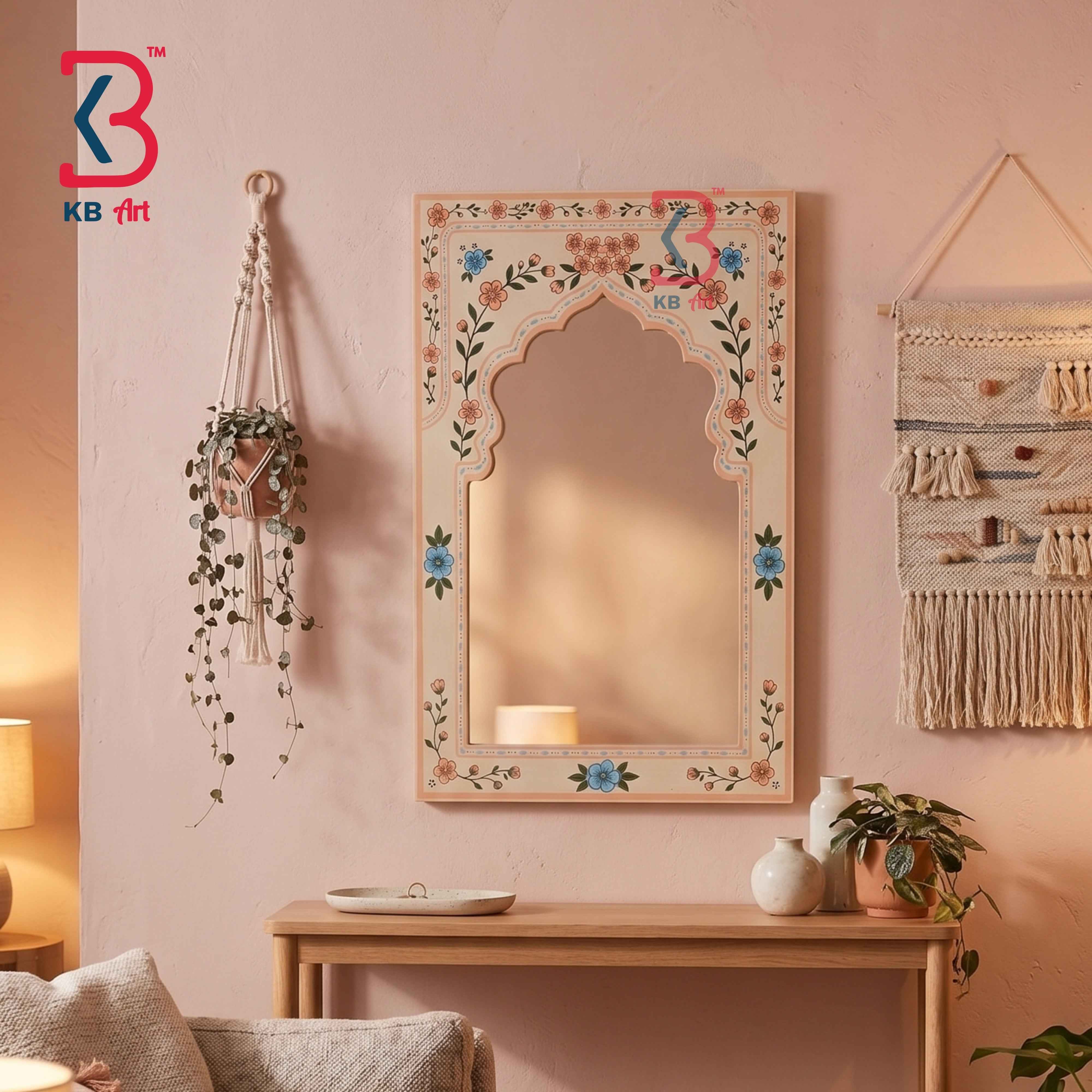 Handcrafted Pastel Peach Wooden Jharokha Mirror Frame | Traditional Rajasthani Hand-Painted Floral Vine Vanity Wall Decor Panel