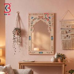 Handcrafted Pastel Peach Wooden Jharokha Mirror Frame | Traditional Rajasthani Hand-Painted Floral Vine Vanity Wall Decor Panel