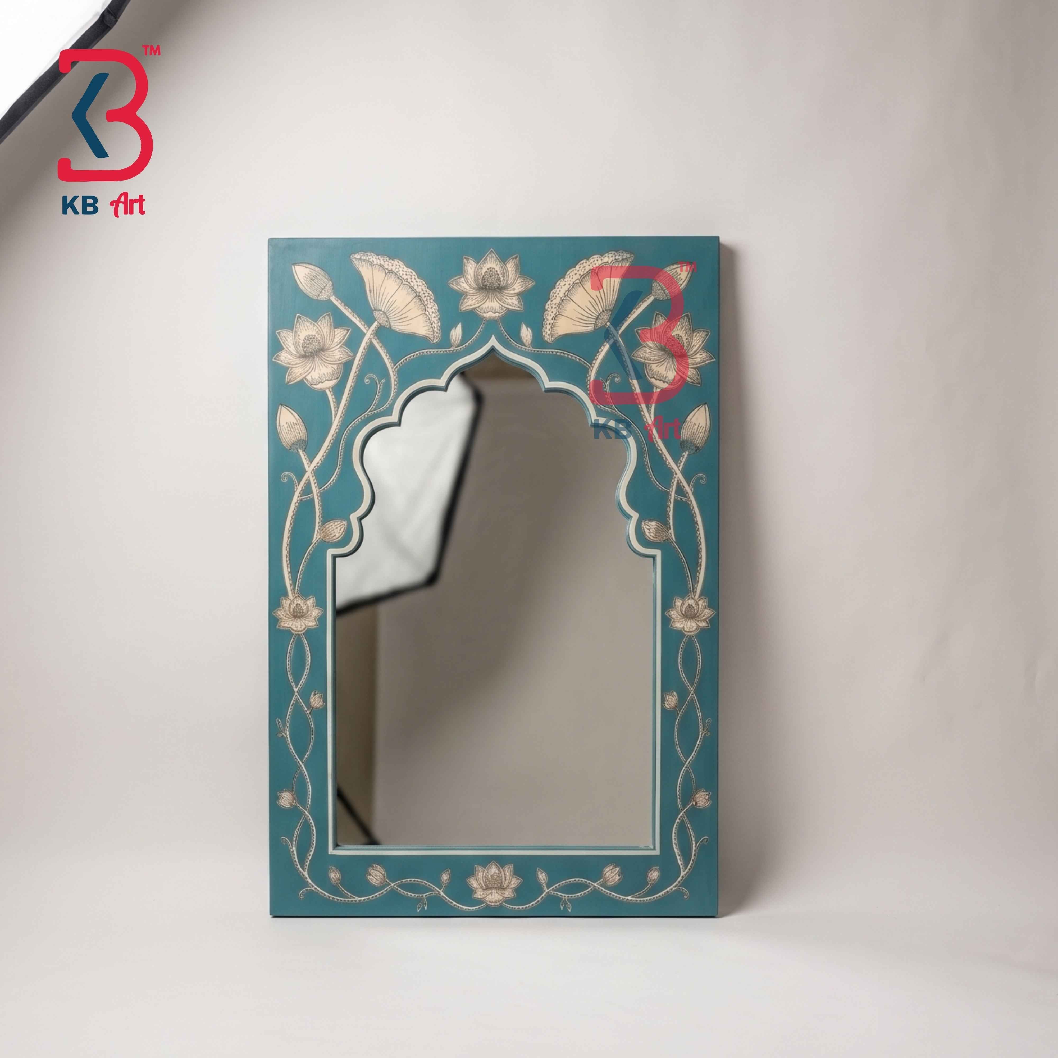 Handcrafted Teal Blue Wooden Arch Mirror with Lotus Floral Design | Indian Traditional Wall Decor