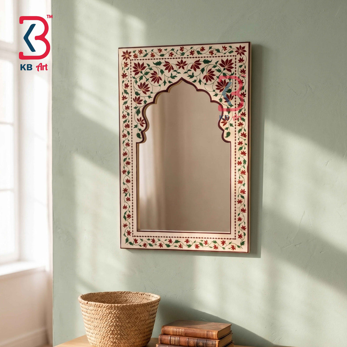 Handcrafted Cream Wooden Jharokha Mirror Frame | Traditional Rajasthani Hand-Painted Floral Vine Arch Wall Decor Panel