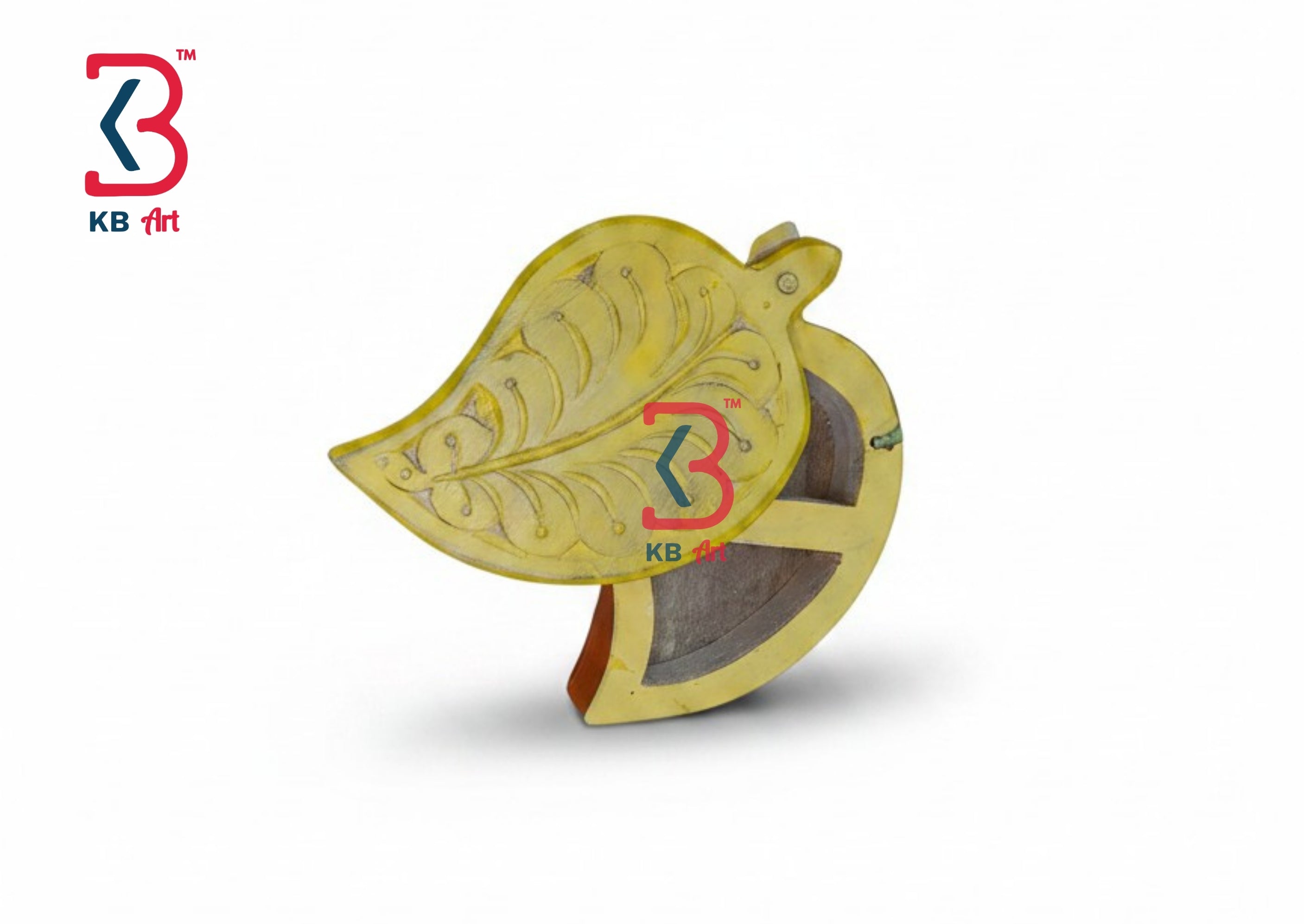KB ART Yellow Leaf Shaped Wooden Box - Front View of Handcrafted Detailing - Handcrafted Wooden Decor Jodhpur