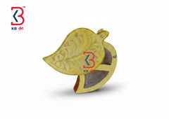 KB ART Yellow Leaf Shaped Wooden Box - Front View of Handcrafted Detailing - Handcrafted Wooden Decor Jodhpur