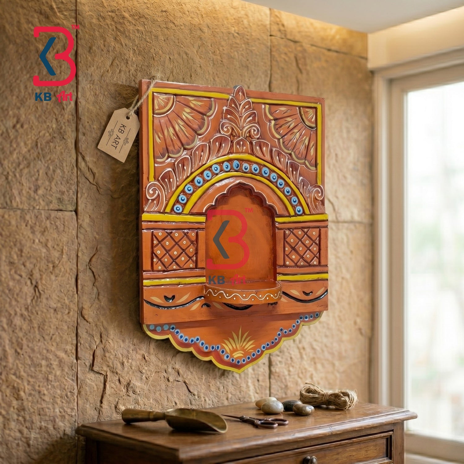KB ART Orange Floral Wall Jharokha - Styled Display in Home Interior Setting - Handcrafted Wooden Decor Jodhpur