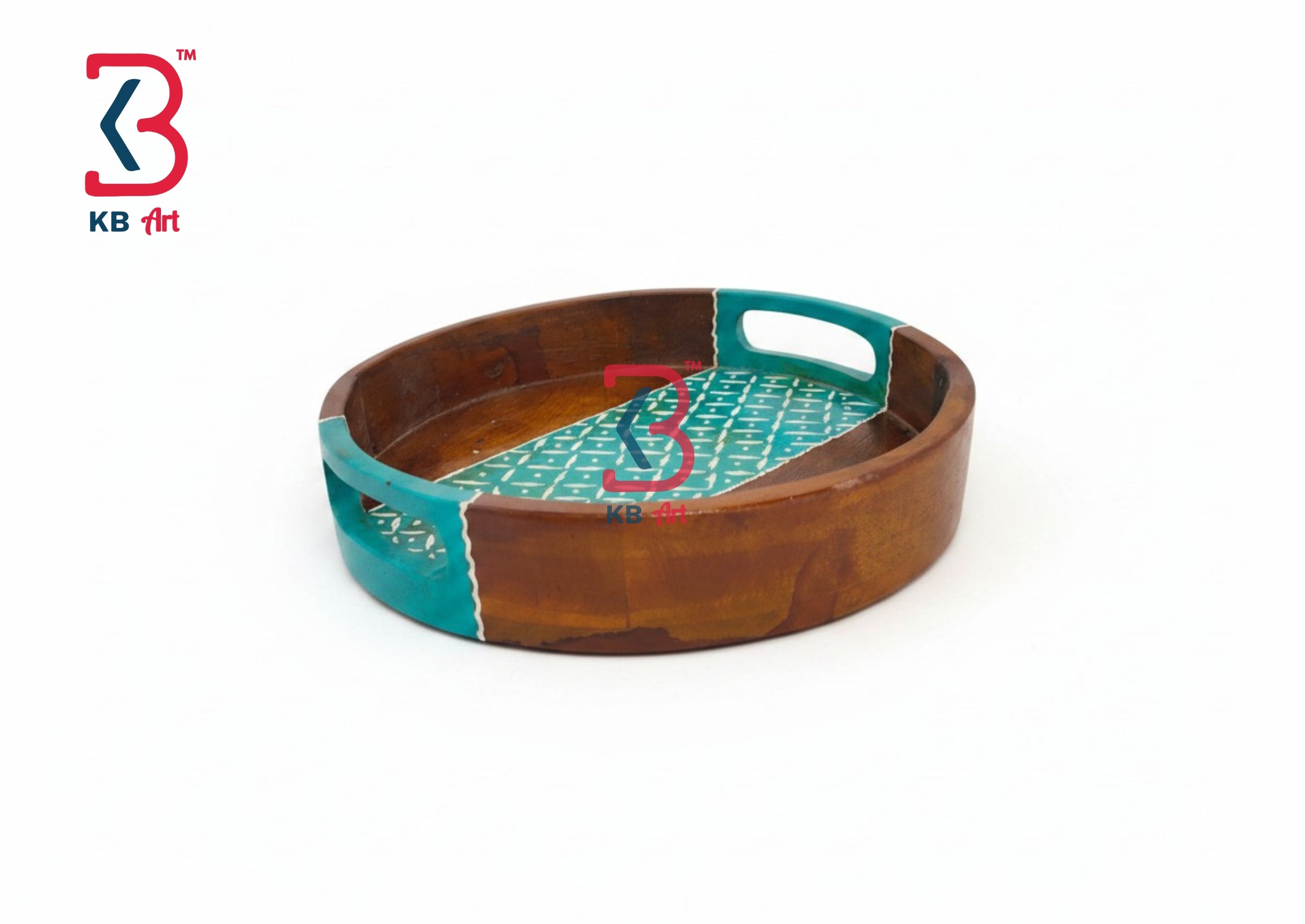 KB ART Wooden Round Tray 10x10 - Front View of Handcrafted Detailing - Handcrafted Wooden Decor Jodhpur