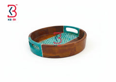 KB ART Wooden Round Tray 10x10 - Front View of Handcrafted Detailing - Handcrafted Wooden Decor Jodhpur