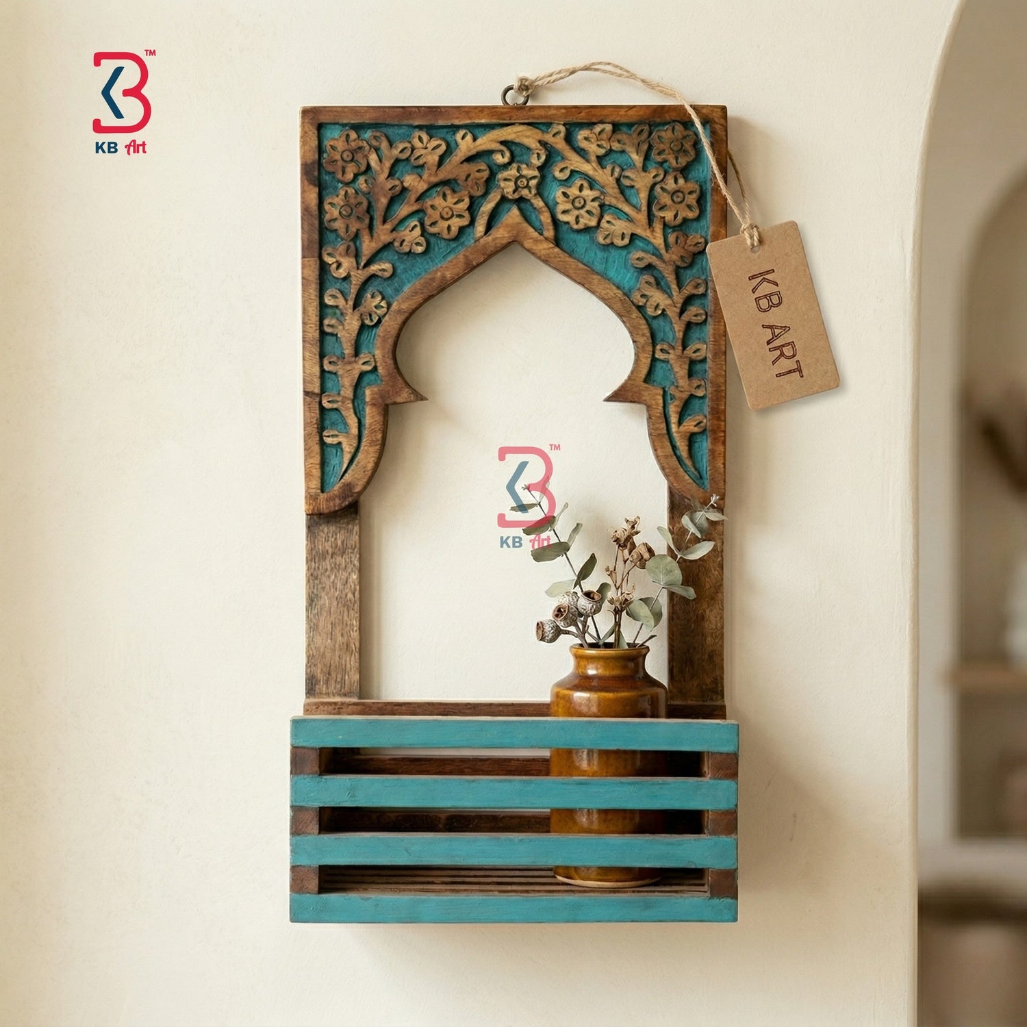 KB ART Teal Carved Wooden Window Shelf Frame - Close-Up of Hand-Carved Artisan Texture - Handcrafted Wooden Decor Jodhpur