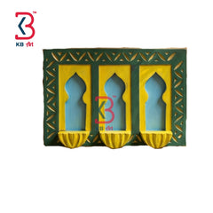KB ART Triple Jharokha Wooden Wall Shelf - Front View of Handcrafted Detailing - Handcrafted Wooden Decor Jodhpur
