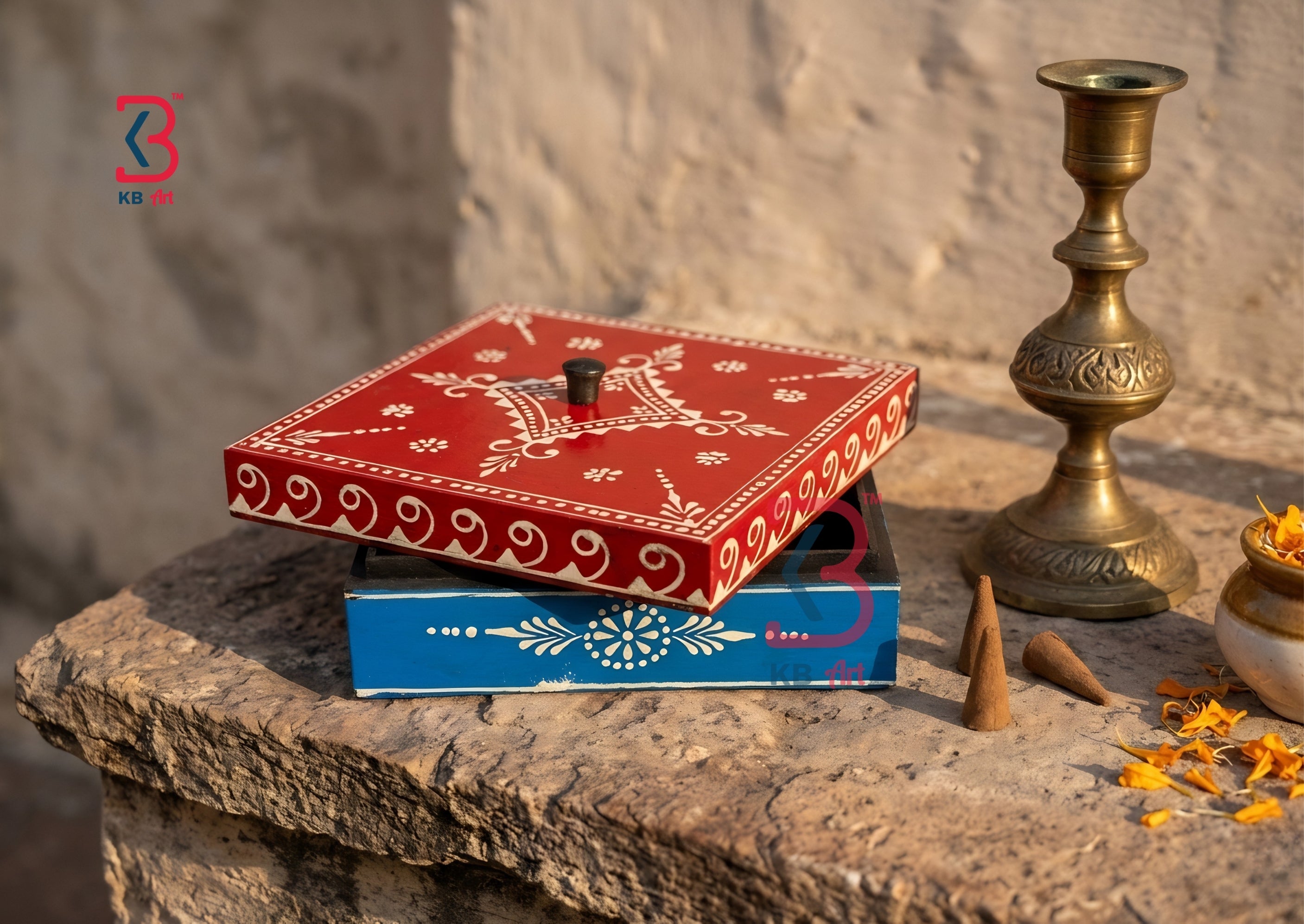 KB ART Wooden Small Square Box - Side Angle Showing Finish and Craftsmanship - Handcrafted Wooden Decor Jodhpur