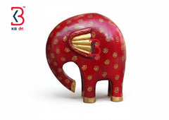 KB ART Modern Wooden Elephant Statue Red Gold - Front View of Handcrafted Detailing - Handcrafted Wooden Decor Jodhpur