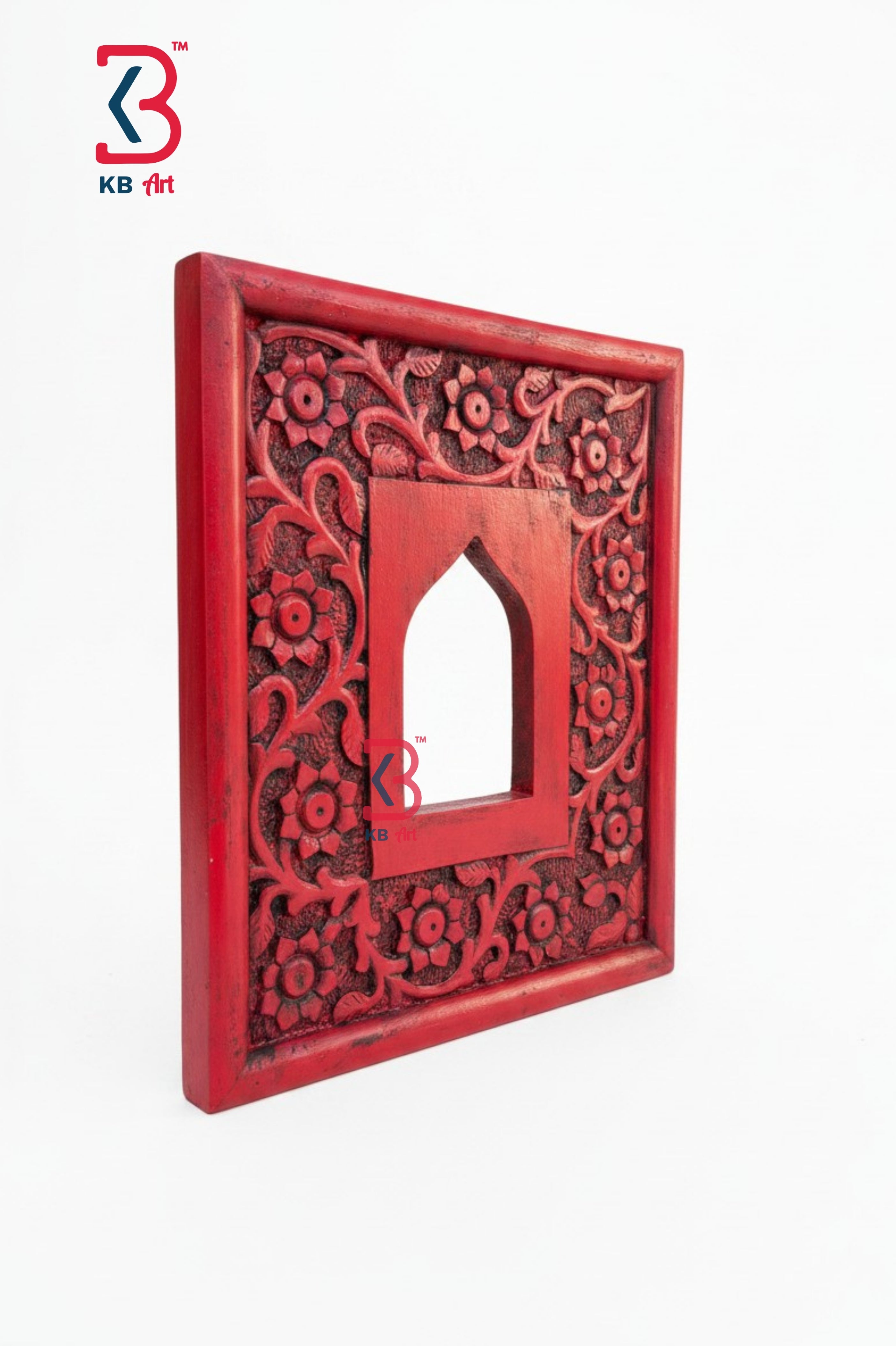 KB ART Wooden Carved Square Jharokha Panel Red - Close-Up of Hand-Carved Artisan Texture - Handcrafted Wooden Decor Jodhpur