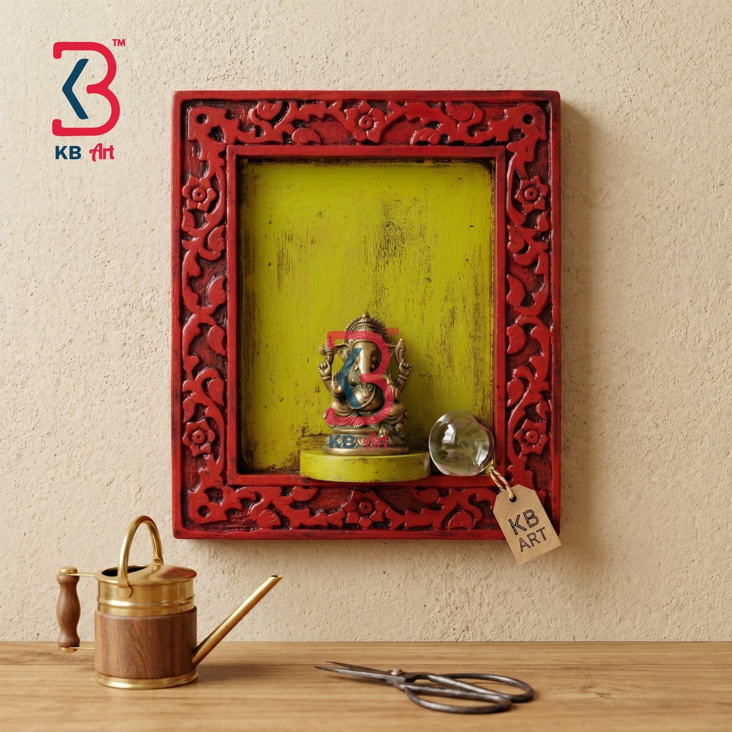 KB ART Wooden Carved Red Shelf Ganesha Statue - Front View of Handcrafted Detailing - Handcrafted Wooden Decor Jodhpur