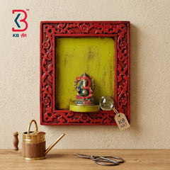 KB ART Wooden Carved Red Shelf Ganesha Statue - Front View of Handcrafted Detailing - Handcrafted Wooden Decor Jodhpur