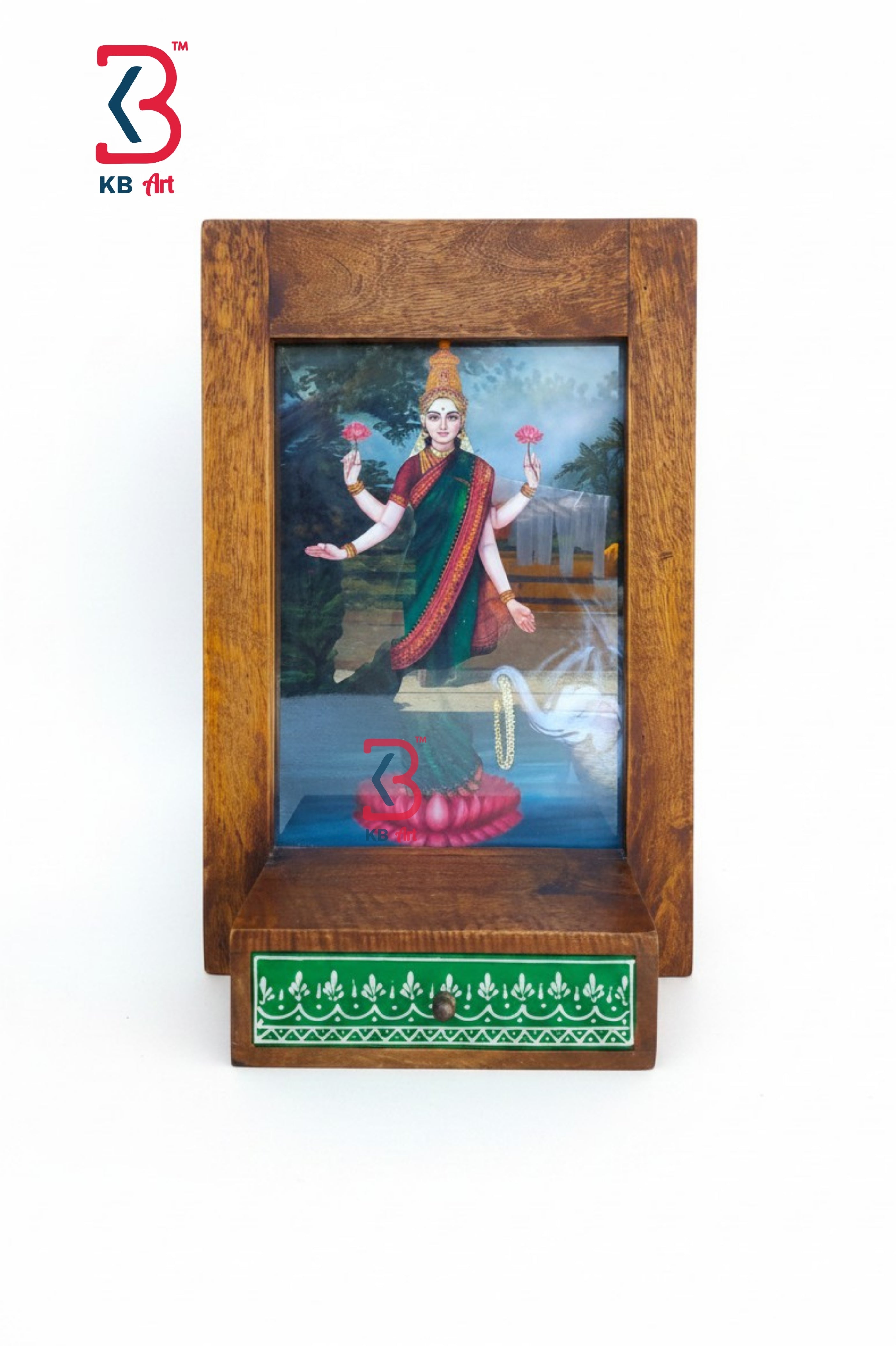 KB ART Laxmi Ji Photo Shelf - Front View of Handcrafted Detailing - Handcrafted Wooden Decor Jodhpur