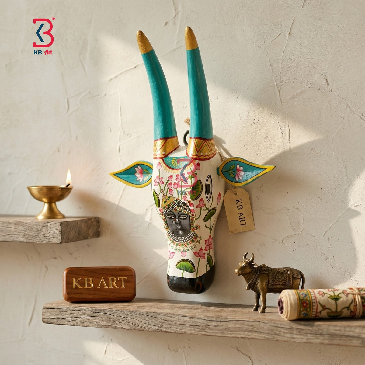 KB ART Shrinathji Pichwai Hand Painted Wooden Cow - Close-Up of Hand-Carved Artisan Texture - Handcrafted Wooden Decor Jodhpur
