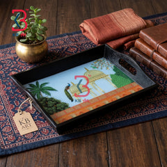 KB ART Mughal Palace Peacock Resin Wooden Tray - Close-Up of Hand-Carved Artisan Texture - Handcrafted Wooden Decor Jodhpur