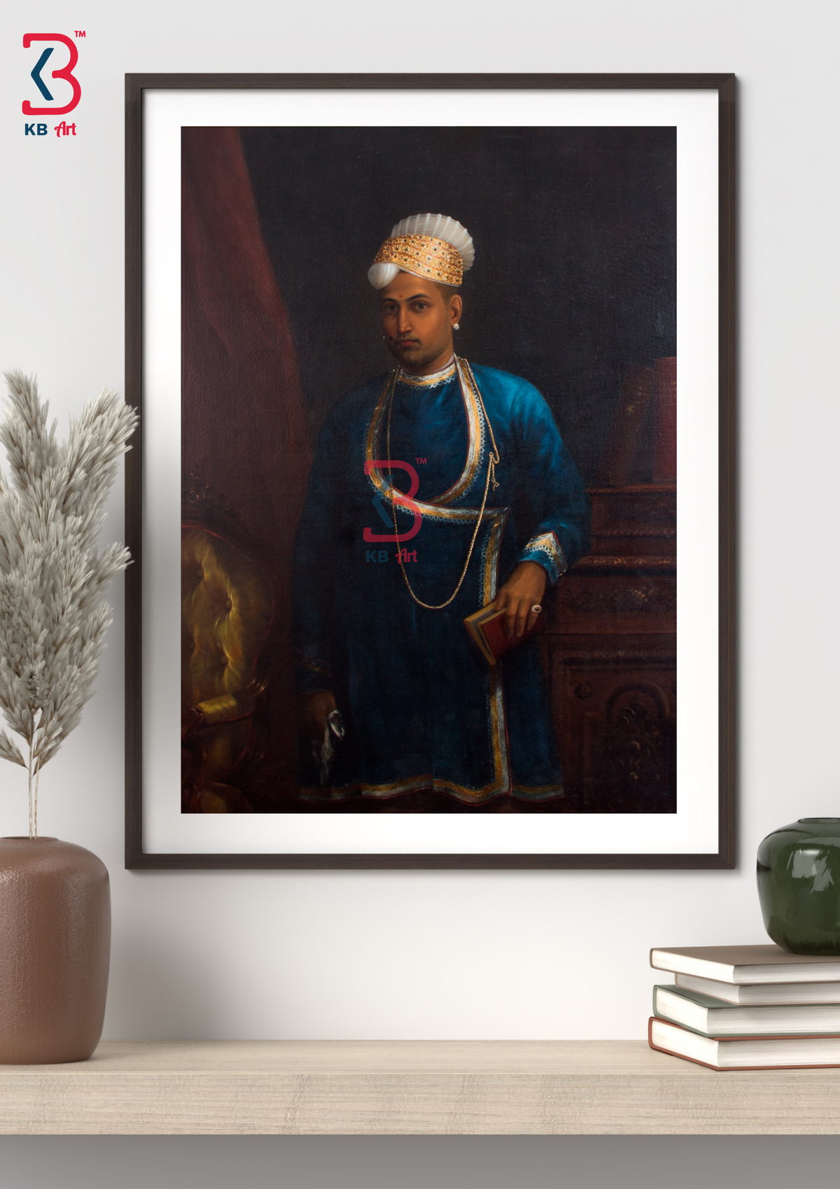 Raja Ravi Varma Royal Portrait – Vintage Indian King in Blue – Premium Digital Art Print (Framed)