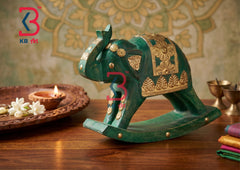 KB ART Wooden Brass Rocking Elephant - Front View of Handcrafted Detailing - Handcrafted Wooden Decor Jodhpur