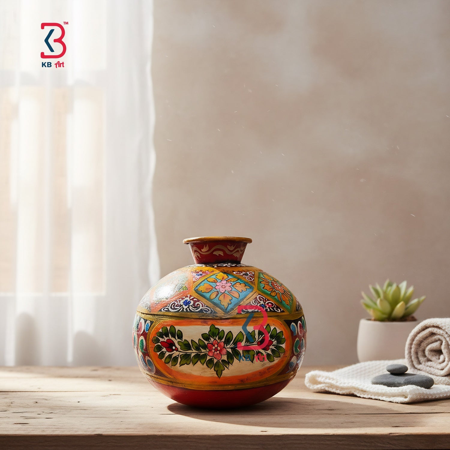 KB ART Floral Hand Painted Iron Pot - Close-Up of Hand-Carved Artisan Texture - Handcrafted Wooden Decor Jodhpur