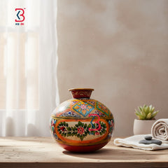 KB ART Floral Hand Painted Iron Pot - Close-Up of Hand-Carved Artisan Texture - Handcrafted Wooden Decor Jodhpur