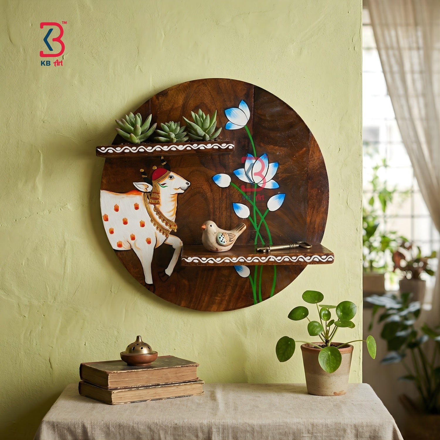 KB ART Wooden Round Wall Planter Shelf - Close-Up of Hand-Carved Artisan Texture - Handcrafted Wooden Decor Jodhpur