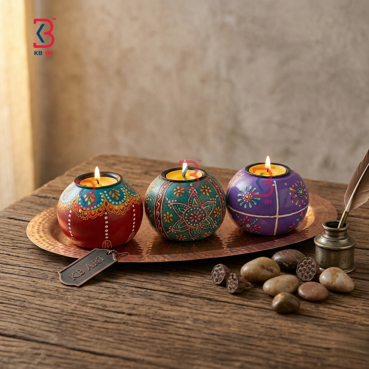 KB ART Wooden Round Oval Tlight Candle Set - Close-Up of Hand-Carved Artisan Texture - Handcrafted Wooden Decor Jodhpur
