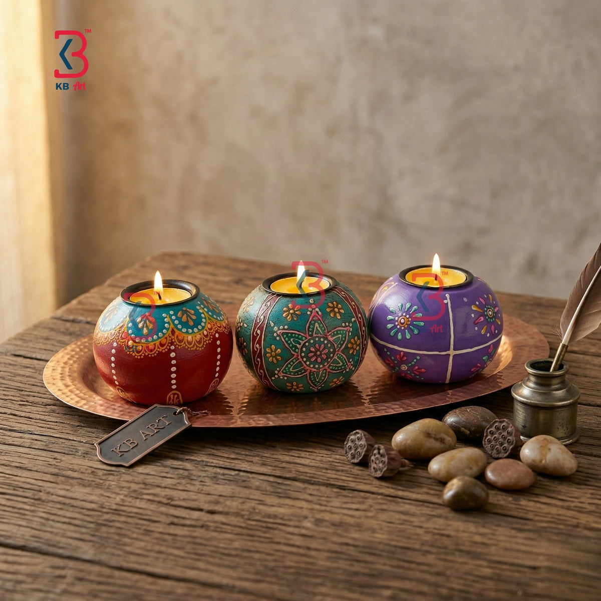 KB ART Wooden Round Oval Tlight Candle Set - Close-Up of Hand-Carved Artisan Texture - Handcrafted Wooden Decor Jodhpur