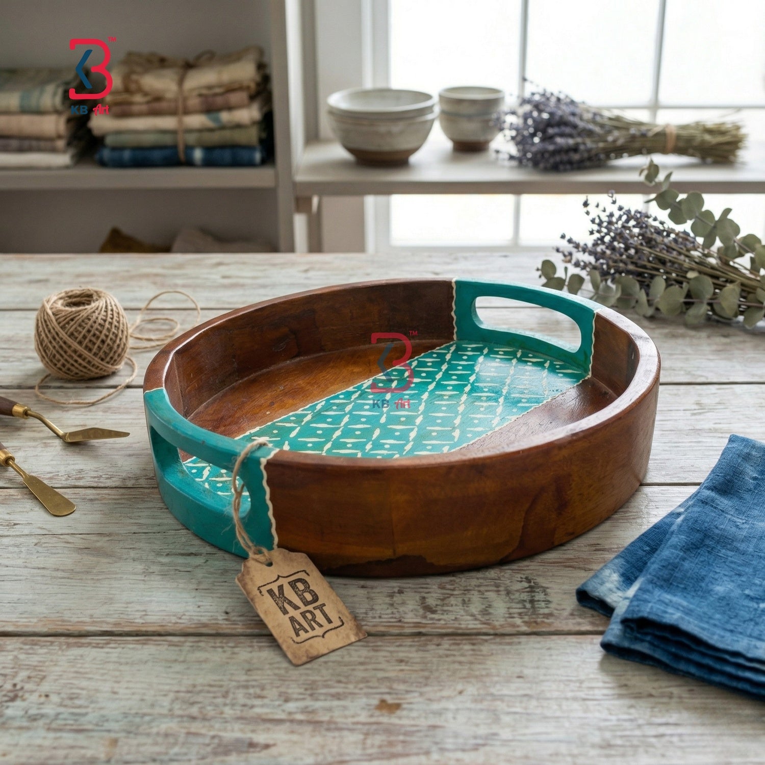KB ART Wooden Round Tray 10x10 - Styled Display in Home Interior Setting - Handcrafted Wooden Decor Jodhpur