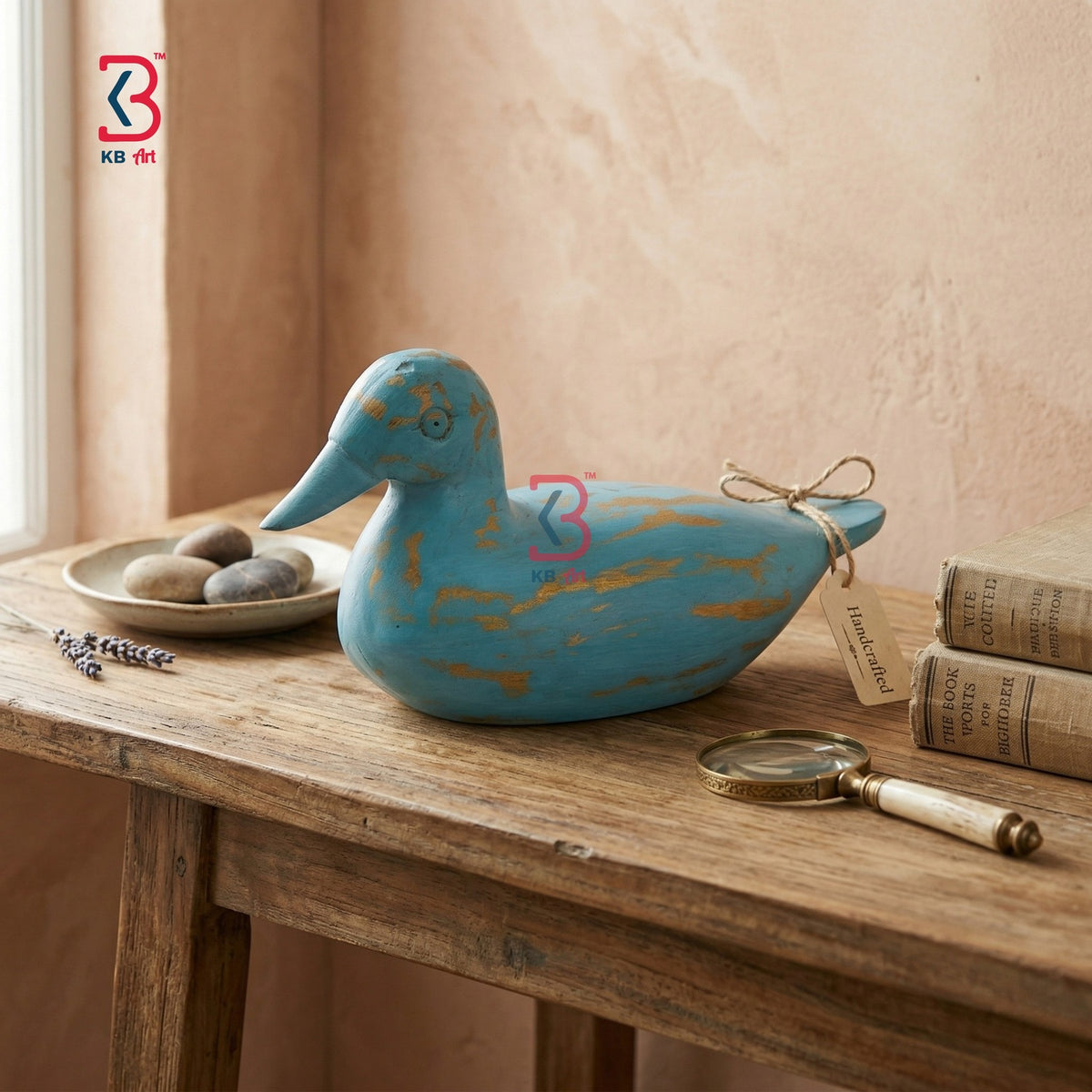 KB ART Wooden Antique Carved Duck Blue - Front View of Handcrafted Detailing - Handcrafted Wooden Decor Jodhpur