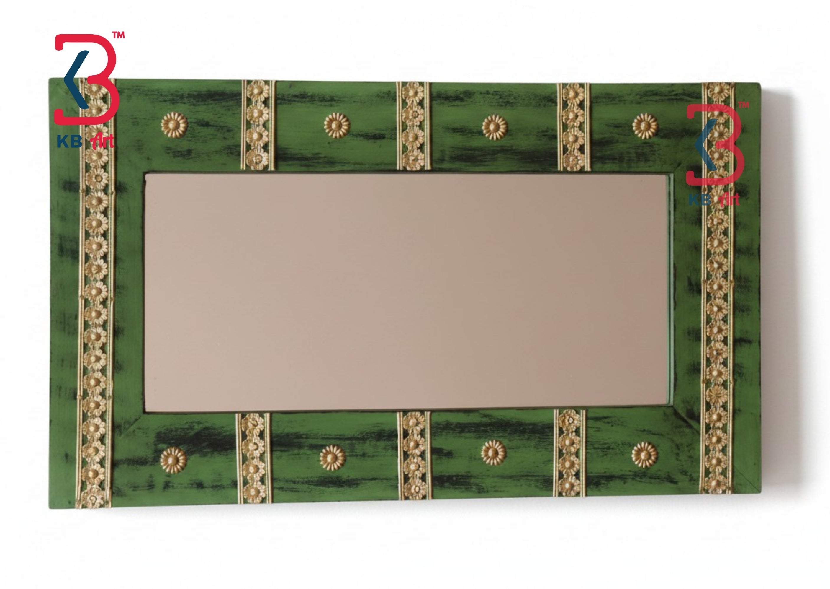 KB ART Wooden Brass Rectangle Mirror - Styled Display in Home Interior Setting - Handcrafted Wooden Decor Jodhpur