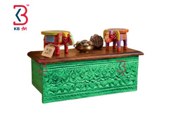 KB ART Hand Carved Wooden Wall Shelf Light Green - Front View of Handcrafted Detailing - Handcrafted Wooden Decor Jodhpur