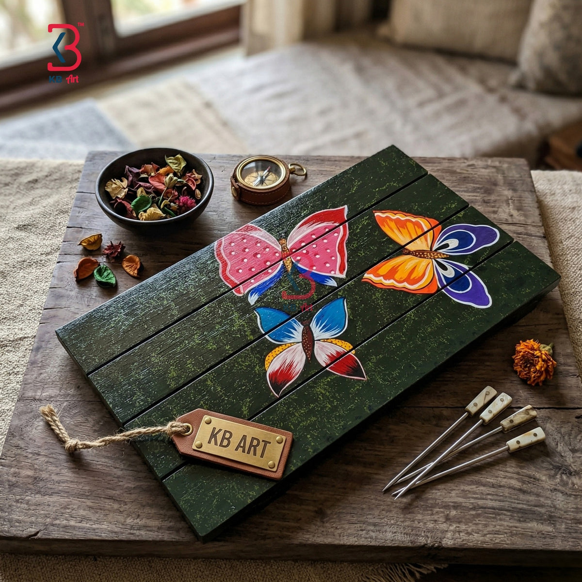 KB ART Wooden Patti Serving Tray - Styled Display in Home Interior Setting - Handcrafted Wooden Decor Jodhpur