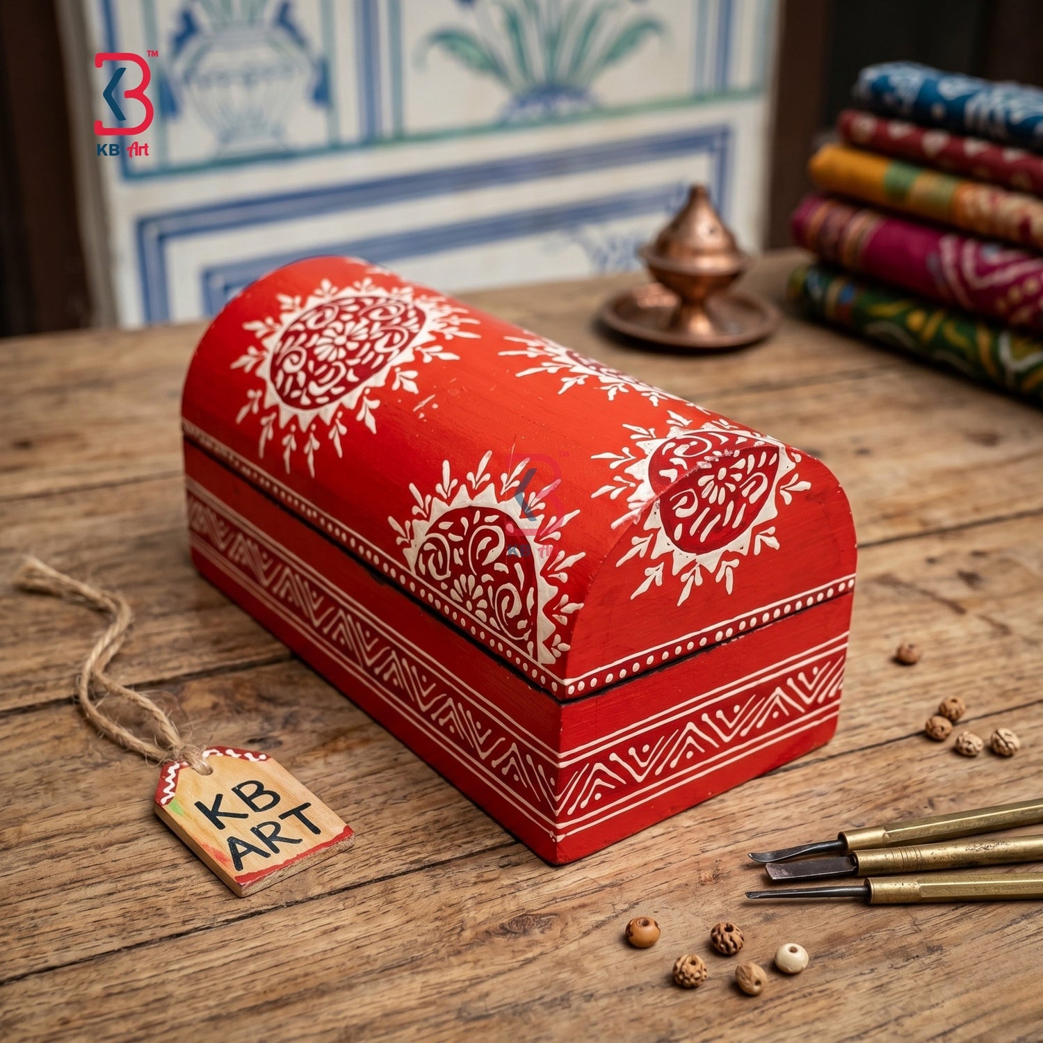 KB ART Wooden Semi Circle Mdf Box - Close-Up of Hand-Carved Artisan Texture - Handcrafted Wooden Decor Jodhpur