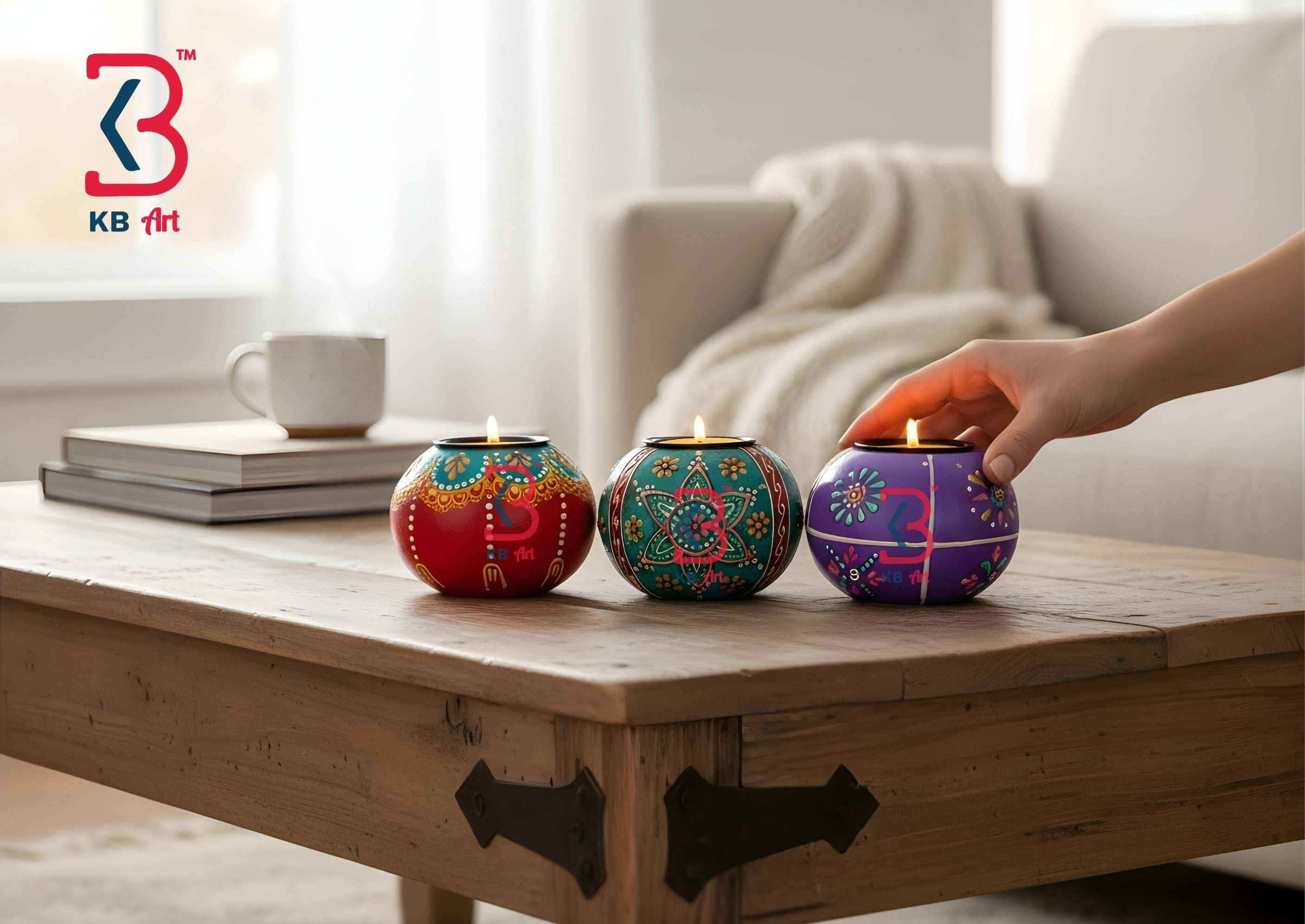 KB ART Wooden Round Oval Tlight Candle Set - Styled Display in Home Interior Setting - Handcrafted Wooden Decor Jodhpur