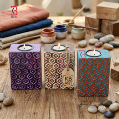 KB ART Wooden Carved Tlight Holder Set 3 - Close-Up of Hand-Carved Artisan Texture - Handcrafted Wooden Decor Jodhpur