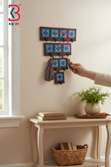 KB ART Hand-Painted Ceramic Tile Wooden Wall Hooks and Key Holder Set of 4 – Handcrafted Rajasthani Entryway Organizer Decor