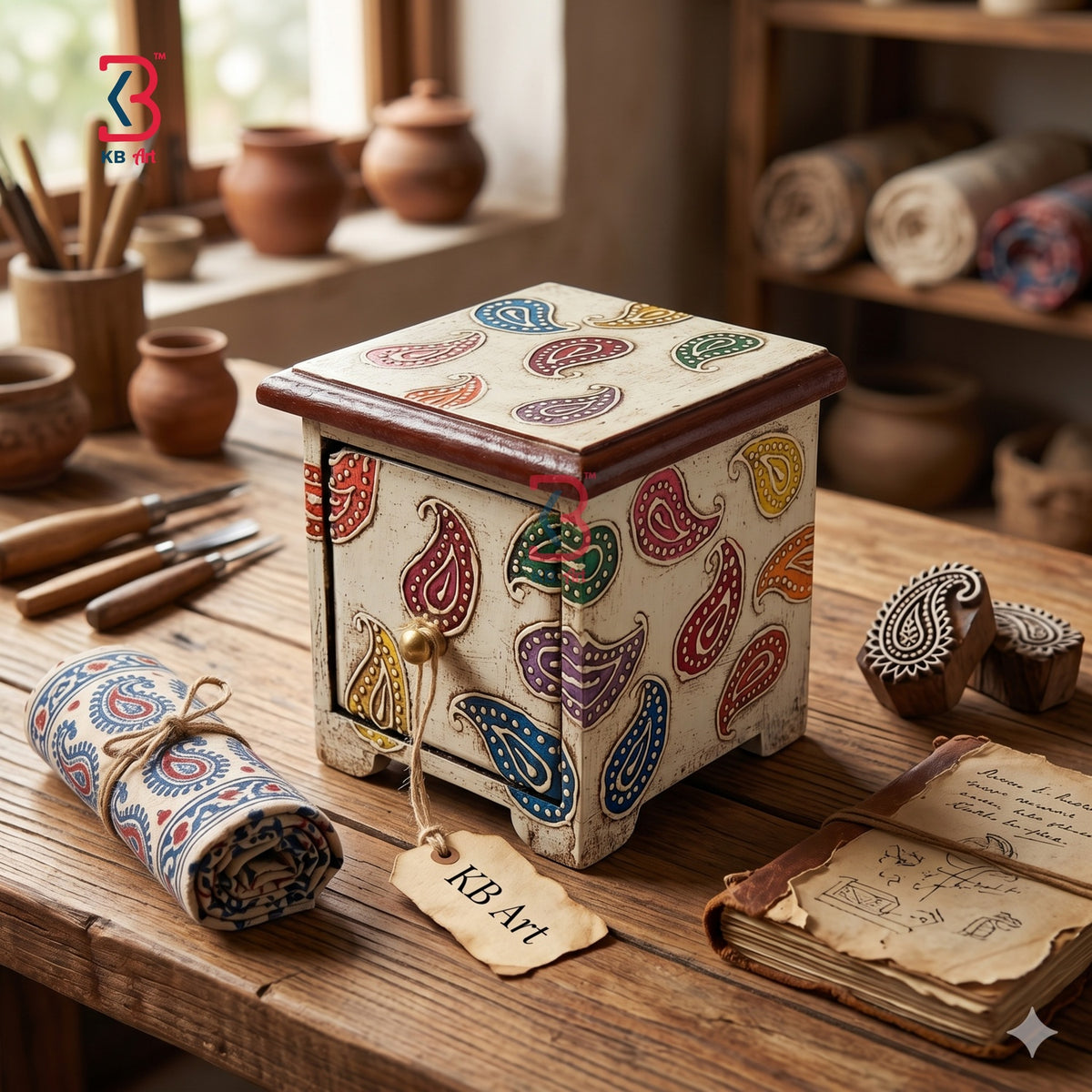 KB ART Wooden Single Drawer Box - Close-Up of Hand-Carved Artisan Texture - Handcrafted Wooden Decor Jodhpur