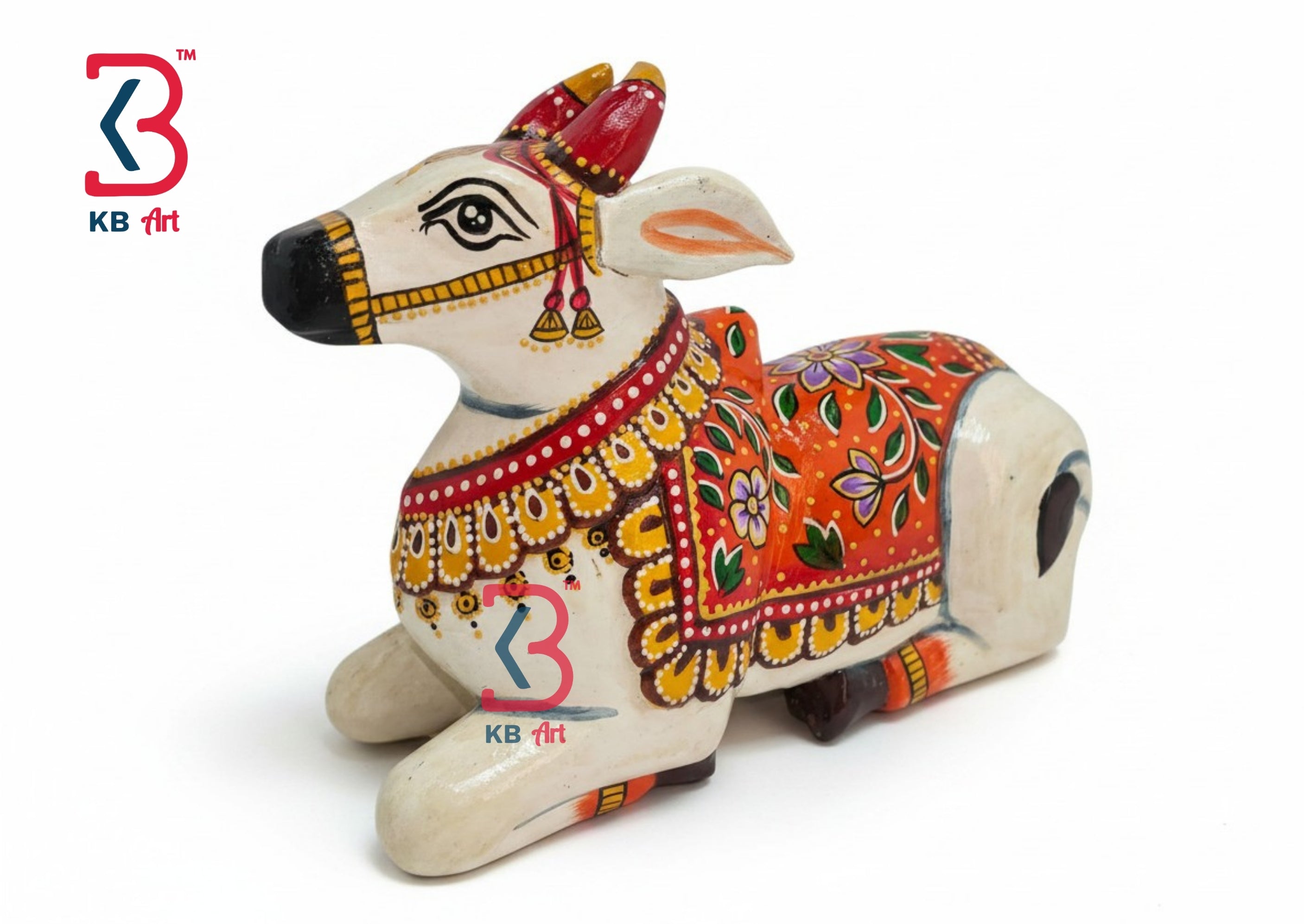 KB ART Hand Painted Wooden Nandi Statue Sacred Bull - Front View of Handcrafted Detailing - Handcrafted Wooden Decor Jodhpur