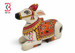 KB ART Hand Painted Wooden Nandi Statue Sacred Bull - Front View of Handcrafted Detailing - Handcrafted Wooden Decor Jodhpur