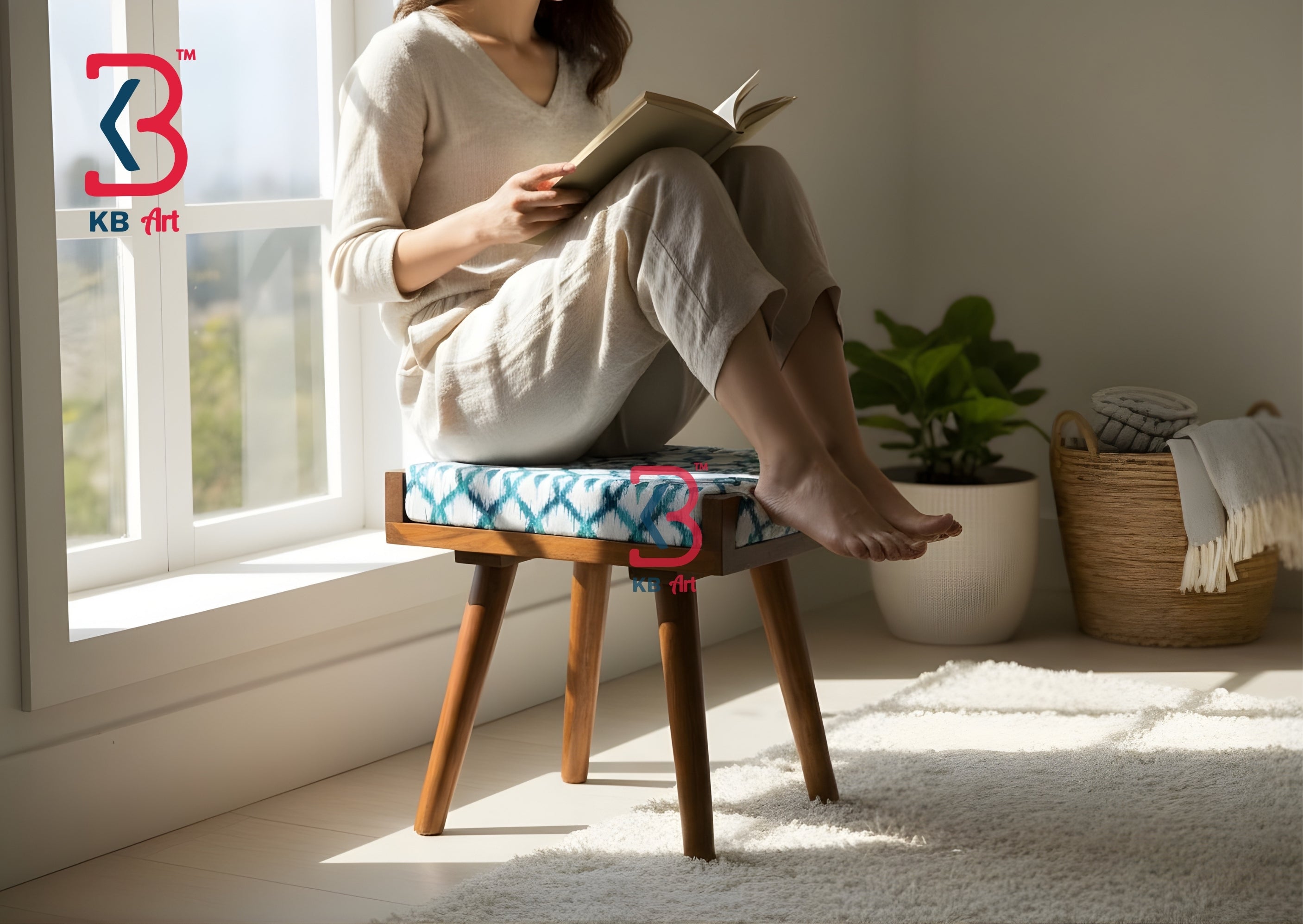 Side view showing the folding X-frame mechanism of the KB ART hand-painted wooden stool.