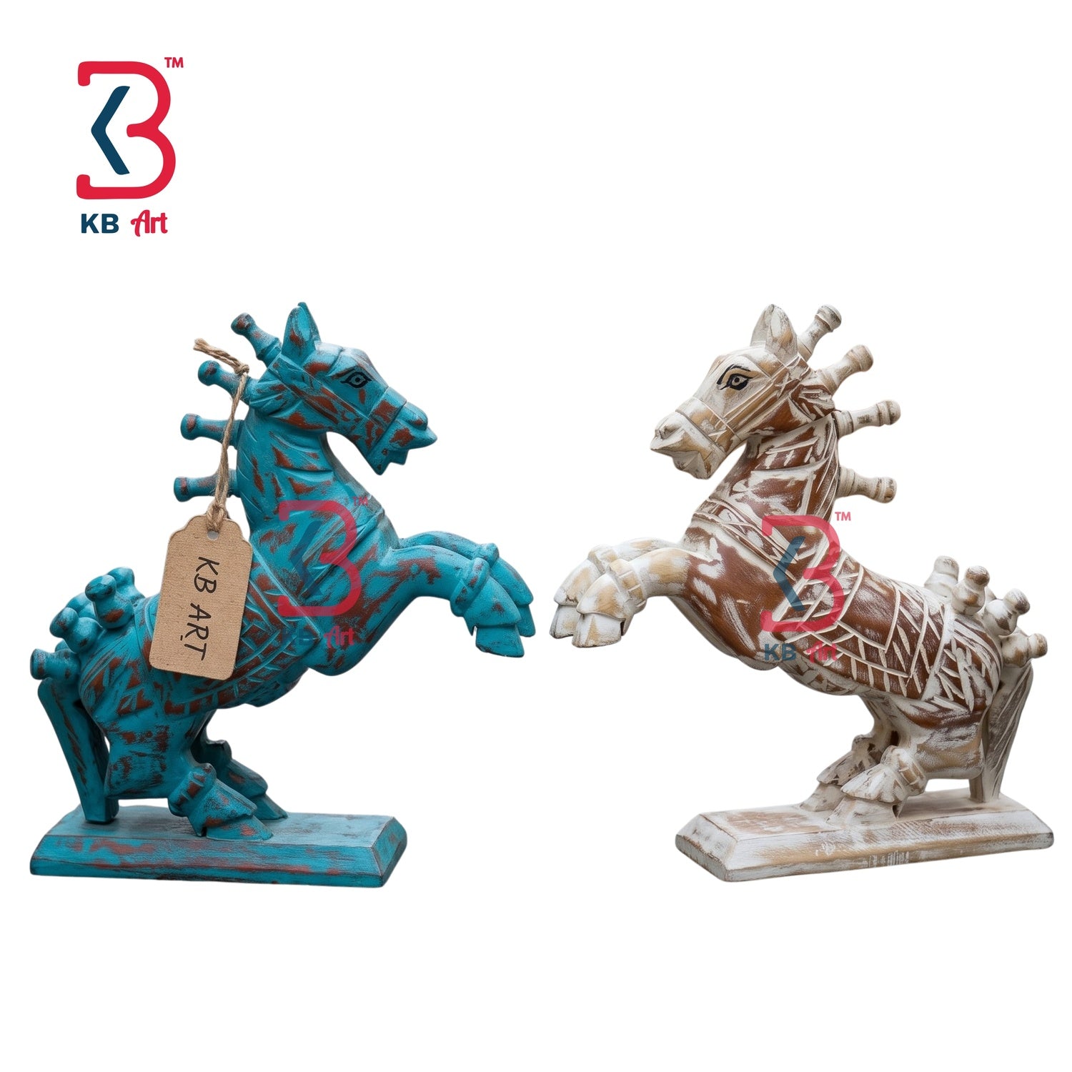 KB ART Wooden Antique Carved Jumping Horse Pair - Front View of Handcrafted Detailing - Handcrafted Wooden Decor Jodhpur