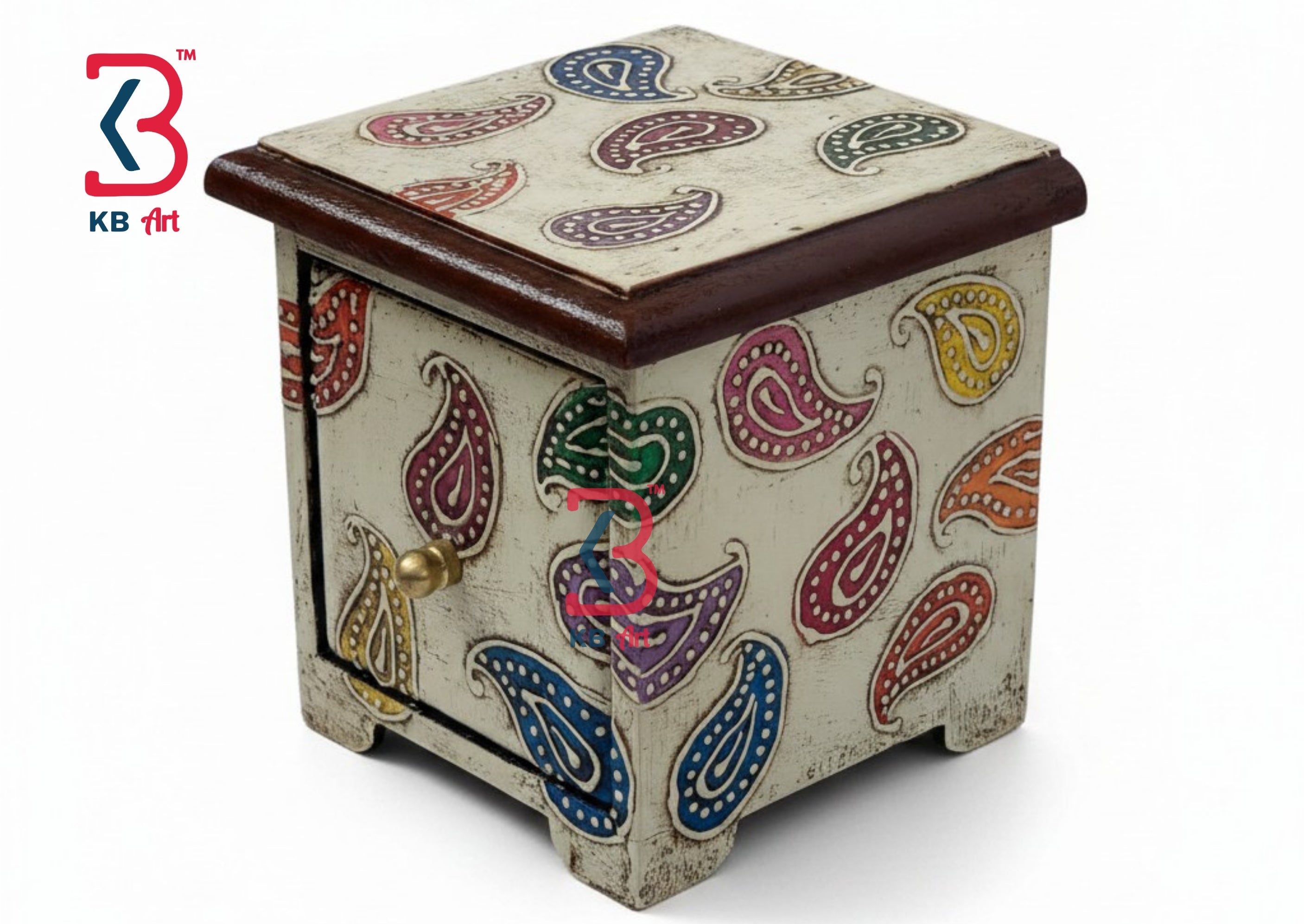 KB ART Wooden Single Drawer Box - Front View of Handcrafted Detailing - Handcrafted Wooden Decor Jodhpur