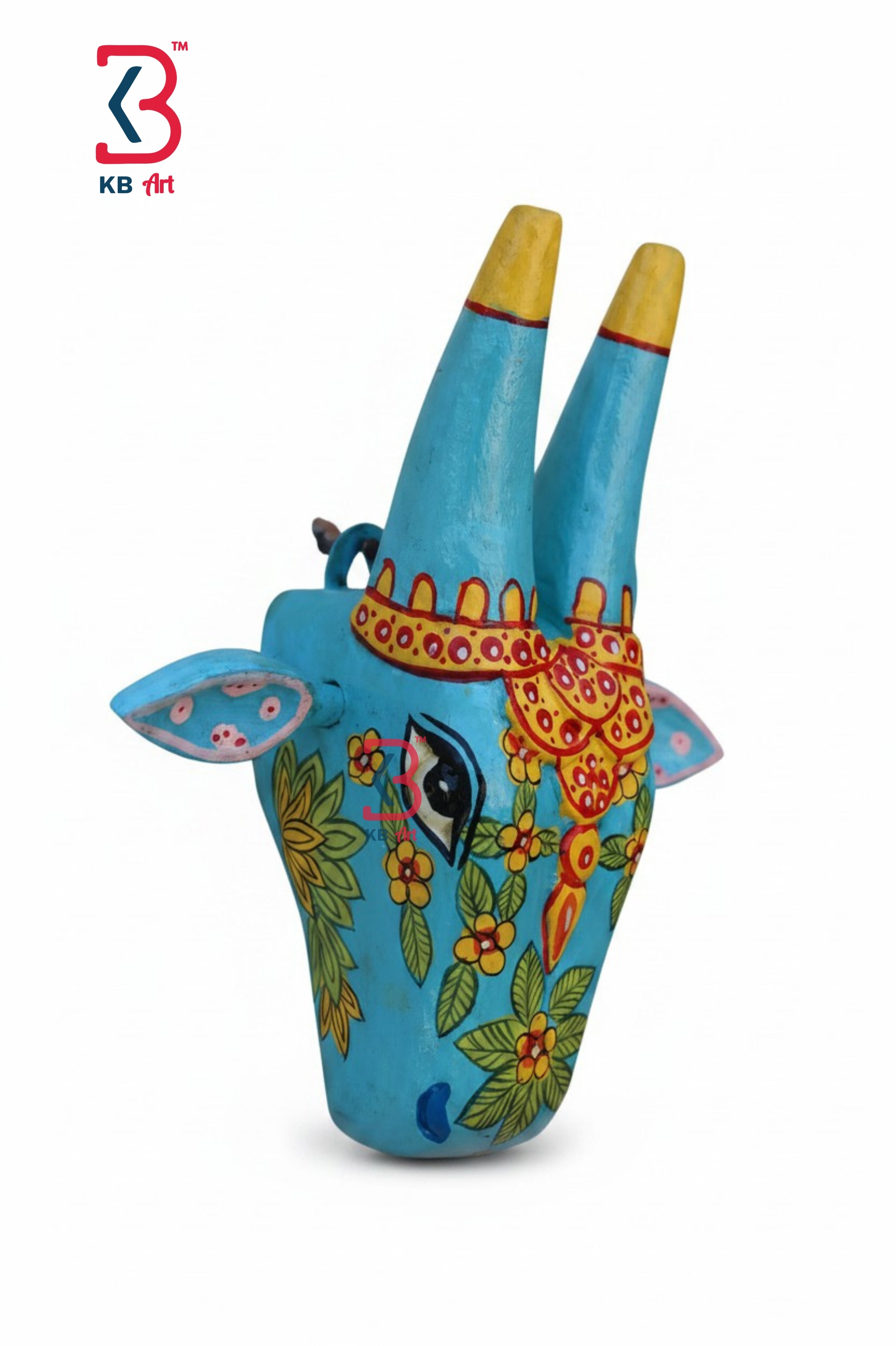 KB ART 6 Inch Hand Carved Wooden Cow Mask Floral - Close-Up of Hand-Carved Artisan Texture - Handcrafted Wooden Decor Jodhpur
