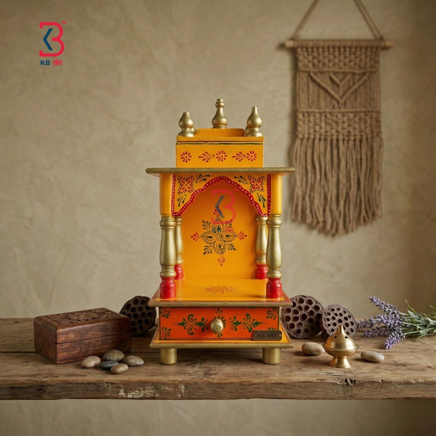 KB ART Wooden Small 8x8x16inches Temple - Close-Up of Hand-Carved Artisan Texture - Handcrafted Wooden Decor Jodhpur