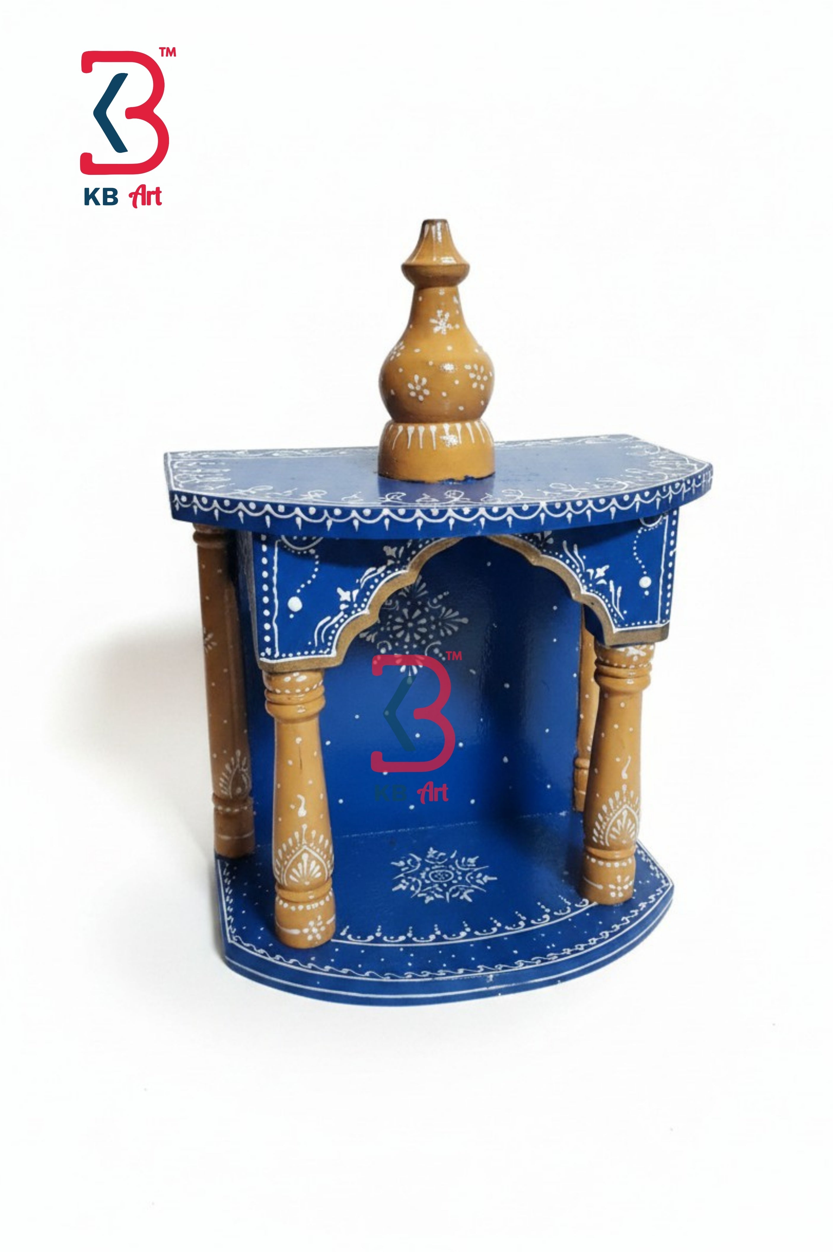 KB ART Wooden Small Temple - Front View of Handcrafted Detailing - Handcrafted Wooden Decor Jodhpur