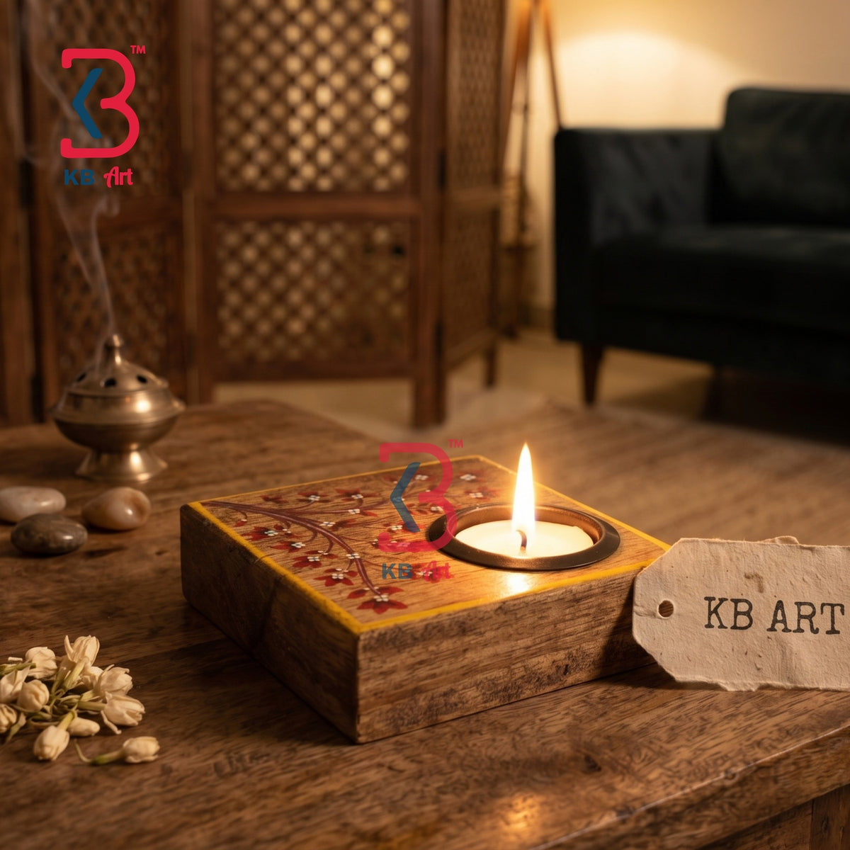 KB ART Wooden Side Square Tlight Stand - Close-Up of Hand-Carved Artisan Texture - Handcrafted Wooden Decor Jodhpur