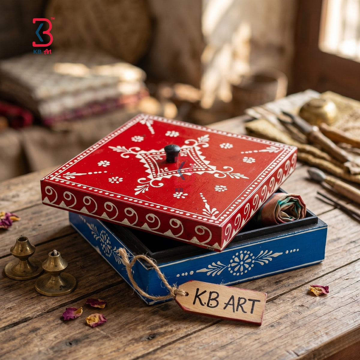 KB ART Wooden Small Square Box - Front View of Handcrafted Detailing - Handcrafted Wooden Decor Jodhpur