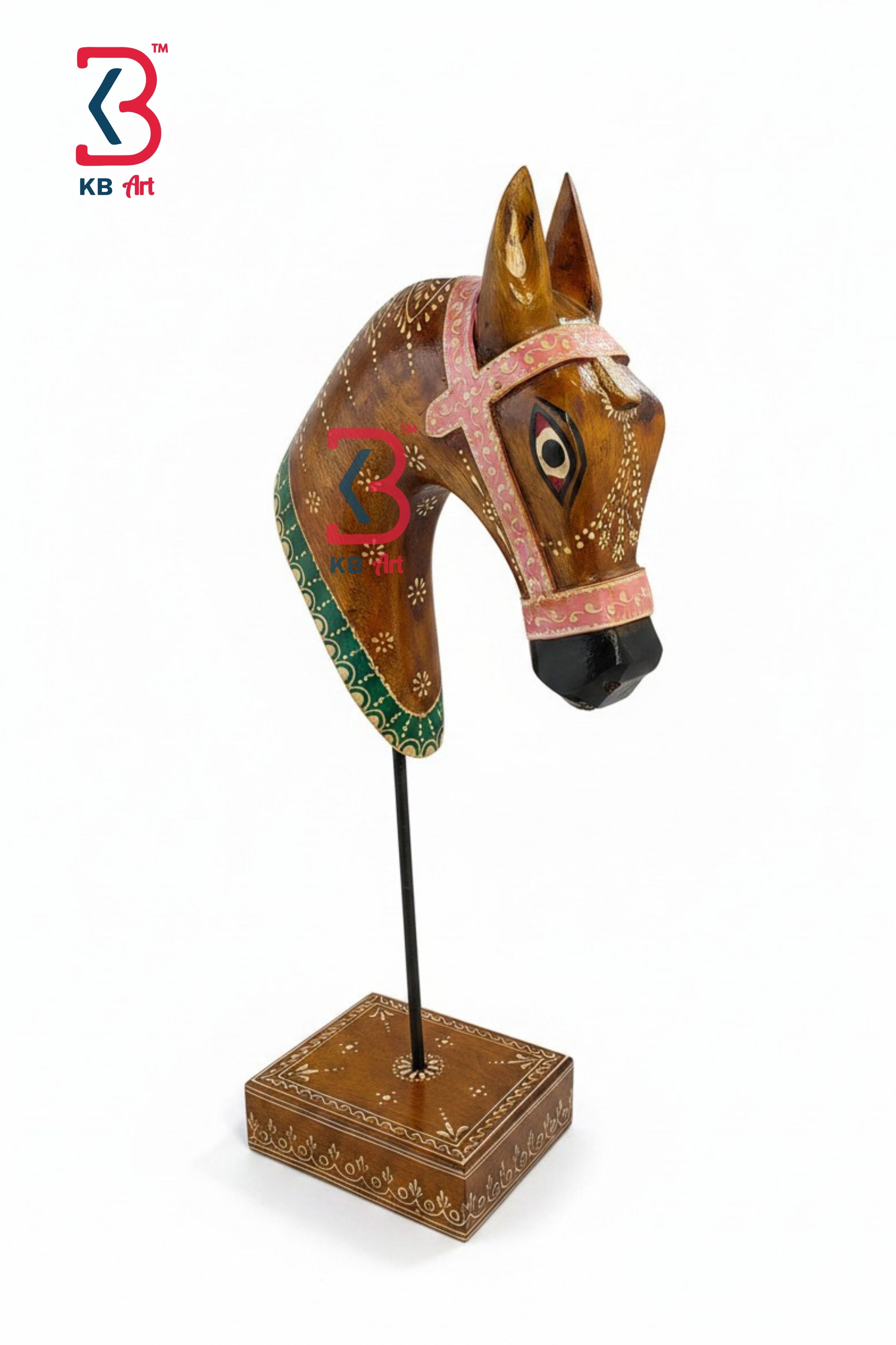 KB ART Wooden Horse Head On Stand - Front View of Handcrafted Detailing - Handcrafted Wooden Decor Jodhpur
