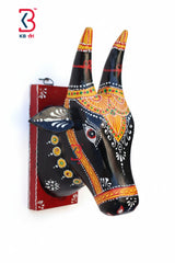 KB ART 8 Inch Handcrafted Wooden Cow Head On Mount - Front View of Handcrafted Detailing - Handcrafted Wooden Decor Jodhpur