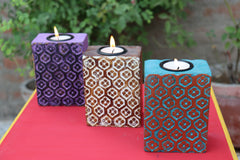 KB ART Wooden Carved Tlight Holder Set 3 - Side Angle Showing Finish and Craftsmanship - Handcrafted Wooden Decor Jodhpur